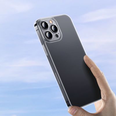 10. Baseus Frosted Glass Case etui pokrowiec do iPhone 13 Pro Max sztywna obudowa z żelową ramką przezroczysty (ARWS000802)