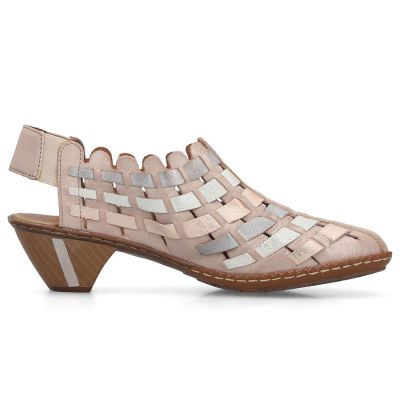 2. Skórzane półbuty damskie na obcasie komfortowe elastyczne kremowe Rieker 46778-64