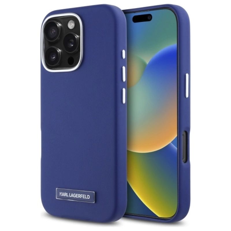 Etui Karl Lagerfeld FW Metal Plate MagSafe na iPhone 16 Pro Max - niebieskie