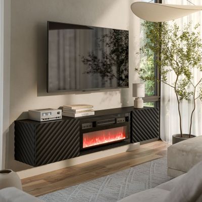 3. Szafka RTV LARA 183x35x37 czarny mat + czarny kominek