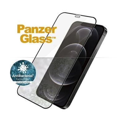 2. Szkło hartowane PanzerGlass E2E Super+ Microfracture antybakteryjne na iPhone 12 / 12 Pro - z czarną ramką