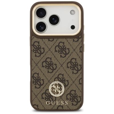 3. Etui Guess 4G Strass Logo & Big Strap Metal Buttons MagSafe na iPhone 17 Pro - brązowe