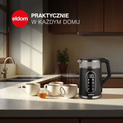21. ELDOM CZAJNIK BEZPREWODOWY Z REGULACJĄ TEMPERATURY C560 NUVIA 2000W 1,7 L ,WYŚWIETLACZ LED , REGULACJE TEMPERATURY WODY