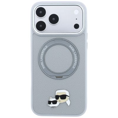 3. Etui Karl Lagerfeld with Ring Stand 360 Karl & Choupette Heads Pin MagSafe na iPhone 18 Pro / 17 Pro - szare
