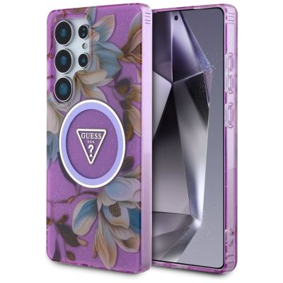 Etui Guess Glitter Flowers Triangle Buttons MagSafe na Samsung Galaxy S25 Ultra - fioletowe