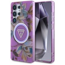 Etui Guess Glitter Flowers Triangle Buttons MagSafe na Samsung Galaxy S25 Ultra - fioletowe