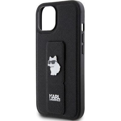 6. Etui Karl Lagerfeld Gripstand Saffiano Choupette Pins na iPhone 15 Plus / 14 Plus - czarne