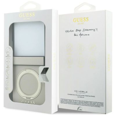 7. Etui Guess Magnetic Ring Stand Grained Classic Logo MagSafe na Samsung Galaxy Z Flip 8 - beżowe
