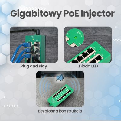 16. Extralink Gigabit PoE Injector 8 Portowy Aktywny, 8 portów Gigabit 802.3at/af, Mode A