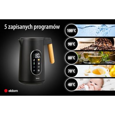 11. ELDOM CZAJNIK BEZPRZEWODOWY Z REGULACJĄ TEM. C550 CZARNY 5 ZAPISANYCH PROGRAMÓW: 40, 70, 80, 90, 100°C (TWORZYWO + STAL SZLAC