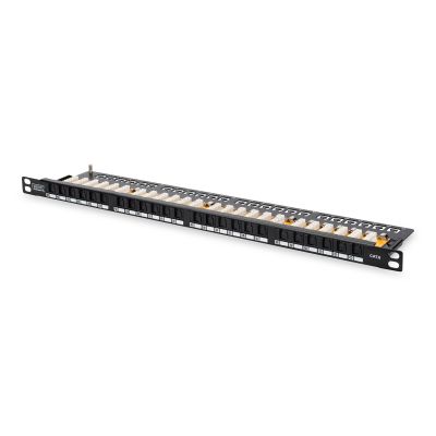 7. Digitus Panel krosowy (patch panel) high density 19'' 24x RJ45, LSA poziom, kat.6, nieekranowany, 0.5U, czarny, prowadnica kabli