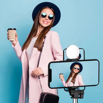 13. Selfie stick WR1YXS teleskopowy tripod 0.71m z okrągłą lampą - czarny