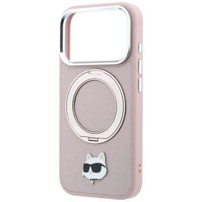6. Etui Karl Lagerfeld with Ring Stand 360 Choupette Head Pin MagSafe na iPhone 18 Pro / 17 Pro - różowe