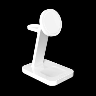 Stojąca ładowarka bezprzewodowa ZAGG Mophie Snap+ 3-in-1 Qi2 do trzech urządzeń kompatybilna z MagSafe i Qi2 - biała