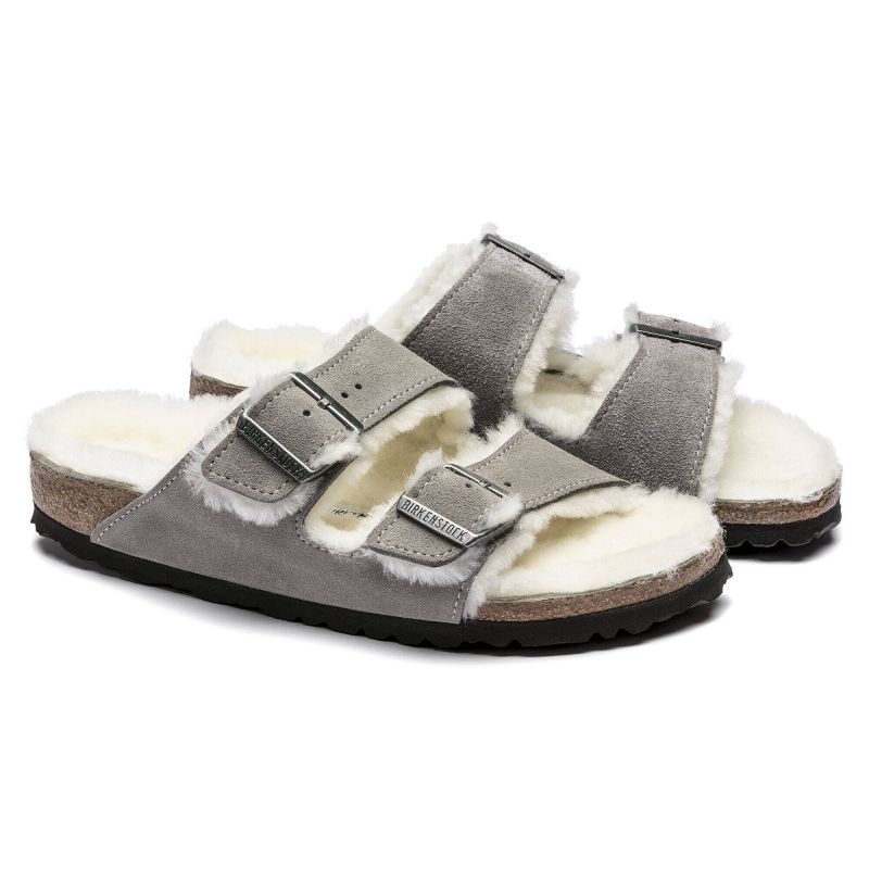 4. Klapki damskie/męskie ocieplane Birkenstock Arizona Shearling Stone Coin zamsz z wełną owczą narrow wąskie (1017403)