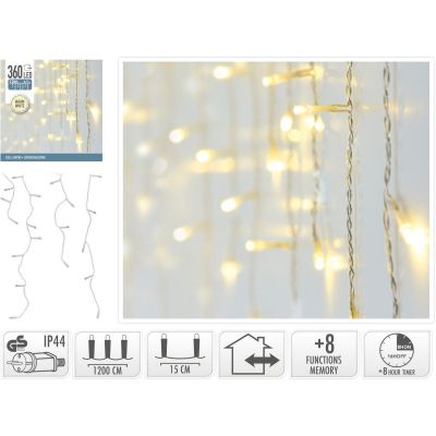 13. LAMPKI CHOINKOWE KURTYNA ŚWIETLNA ZEW 360 LED STEROWNIK TIMER CIEPŁY BIAŁY KABEL TRANSPARENTNY