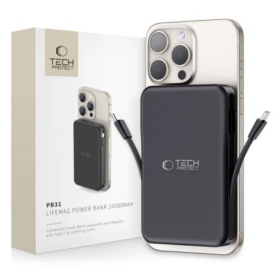 Powerbank Tech-Protect LifeMag PB31 z MagSafe 10000mAh 15W USB-C / USB-A / wbudowane kable USB-C / Lightning - czarny