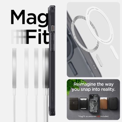 13. Etui Spigen Ultra Hybrid Mag z MagSafe na iPhone 15 Plus - ciemnoszare (wzór Zero One)