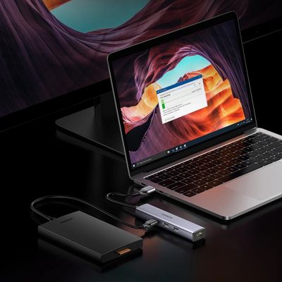 22. Ugreen wielofunkcyjny adapter HUB USB 3.0 - 3 x USB / Ethernet RJ-45 / USB Typ C PD szary (CM475)