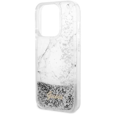 6. Etui Guess Liquid Glitter Marble na iPhone 14 Pro - białe