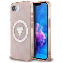 Etui Guess IML Metal Glitter 4G Circle Triangle MagSafe na iPhone 16e - różowe