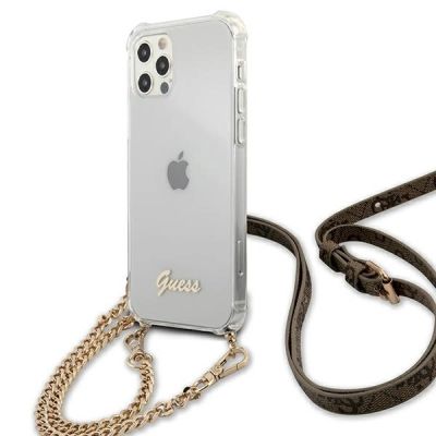 2. Etui Guess 4G Brown Strap Gold Chain na iPhone 12 / iPhone 12 Pro - przezroczyste