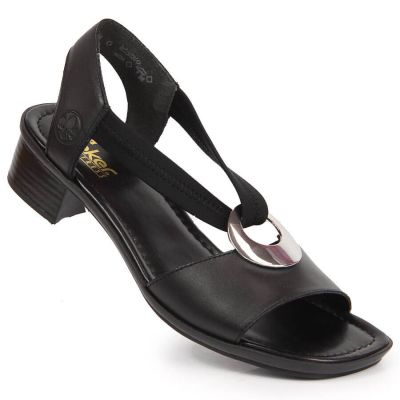 9. Sandały skórzane damskie na gumki czarne Rieker 62662