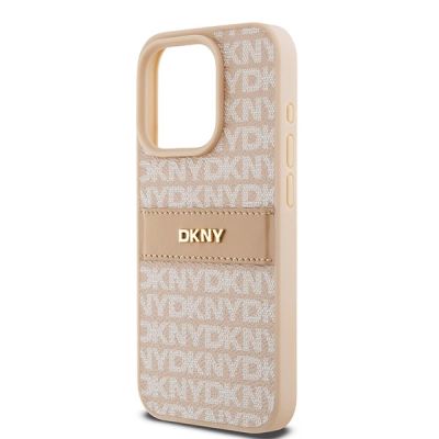 6. Etui DKNY Leather Mono Stripe & Metal Logo na iPhone 15 Pro - różowe