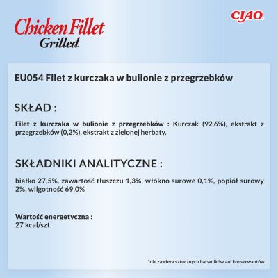 6. INABA Grilled Chicken Filet z kurczaka w bulionie o smaku przegrzebków - przysmak dla kota - 25 g