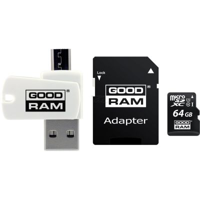 Karta pamięci z adapterem i czytnikiem kart GoodRam All in one M1A4-0640R12 (64GB; Class 10; Adapter, Czytnik kart MicroSDHC, Karta pamięci)
