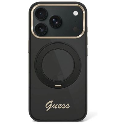 Etui Guess IML Ring Stand 360 Script Metal Logo MagSafe na iPhone 17 Pro Max / 18 Pro Max - czarne