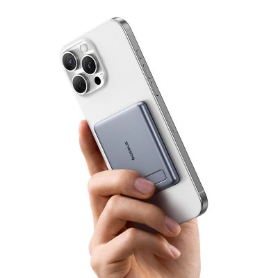 3. Powerbank Baseus PicoGo AM31 Qi2 5000mAh 20W ultracienki kompatybilny z MagSafe z podstawką z kablem plecionym Baseus Simple USB-C 20cm - szary