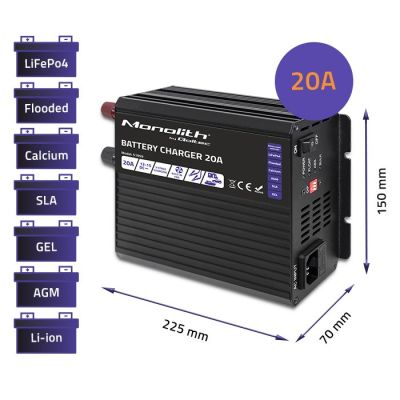 3. Qoltec Inteligentna ładowarka Monolith do akumulatorów LiFePO4 AGM GEL SLA, 20A, 12V