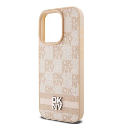 6. Etui DKNY Leather Checkered Mono Pattern & Printed Stripes na iPhone 15 Pro Max - różowe