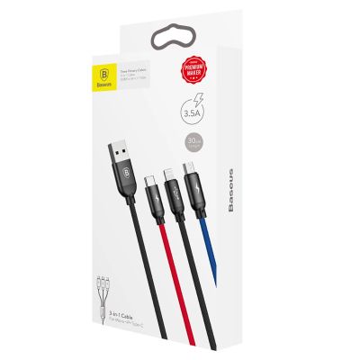 7. Kabel Baseus Three Primary Colors 3w1 USB-A - micro USB / Lightning / USB-C 3.5A 0,3 m - czarny