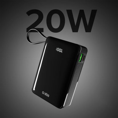 4. Powerbank SBS 20000 mAh 20 W z wbudowanym kablem USB-C i wyświetlaczem cyfrowym - czarny