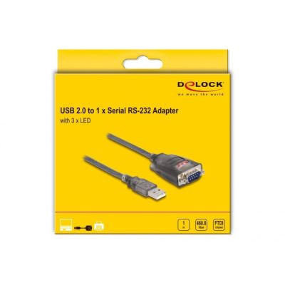 2. DeLOCK Adapter USB 2.0 Typu-A na 1 x złącze męskie szeregowe RS-232 D-Sub 9 pinów z wkrętami, 3 x LED, 1 m