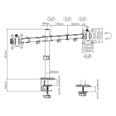 3. GEMBIRD BIURKOWE REGULOWANE RAMIĘ/UCHWYT NA 2 MONITORY 17-32, 100X100MM, DO 9KG