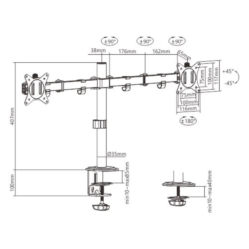 3. GEMBIRD BIURKOWE REGULOWANE RAMIĘ/UCHWYT NA 2 MONITORY 17-32, 100X100MM, DO 9KG