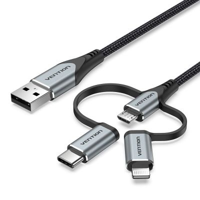 2. Kabel Vention USB-A  3w1 Micro-B USB-C Lightning 1m szary