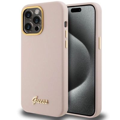 Etui Guess Silicone Script Metal Logo & Frame na iPhone 15 Pro Max - różowe