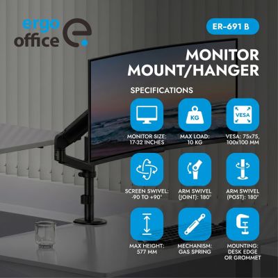 ERGO OFFICE UCHWYT / WIESZAK NA MONITOR, 17"-32", 1-10KG, CZARNY MAT, MAX. VESA 100X100 ER-691 B