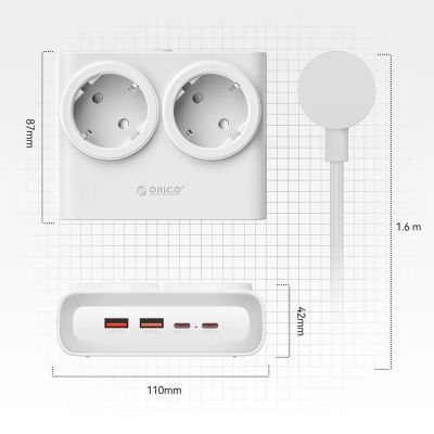 4. Listwa zasilająca Orico PDC25 25W 6w1 2x AC + 2x USB-A + 2x USB-C - biała