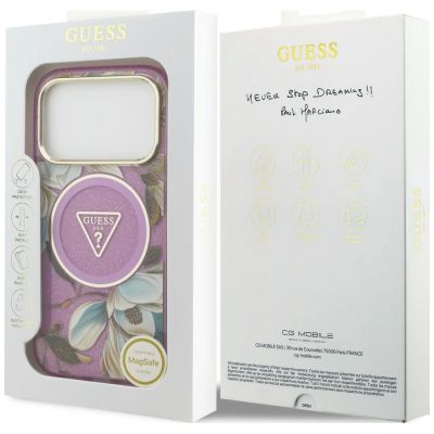 8. Etui Guess IML Glitter Flowers Triangle MagSafe na iPhone 18 Pro Max / 17 Pro Max - fioletowe