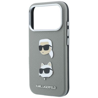 6. Etui Karl Lagerfeld Saffiano with Karl & Choupette Heads Pins & Logo na iPhone 18 Pro / 17 Pro - szare