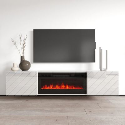 3. Szafka RTV LUXE 182,6x34,5x37,5 biały/biały połysk + czarny kominek
