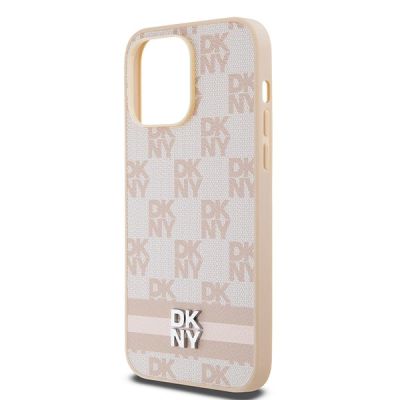 9. Etui DKNY Leather Checkered Mono Pattern & Printed Stripes na iPhone 14 Pro Max - różowe