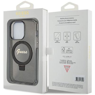 8. Etui Guess Ring Stand Script Glitter MagSafe na iPhone 15 Pro Max - czarne
