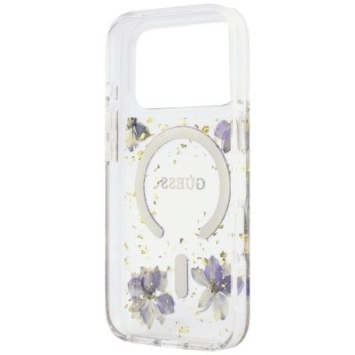 7. Etui Guess Resin Flowers Glitter MagSafe na iPhone 18 Pro / 17 Pro - fioletowe