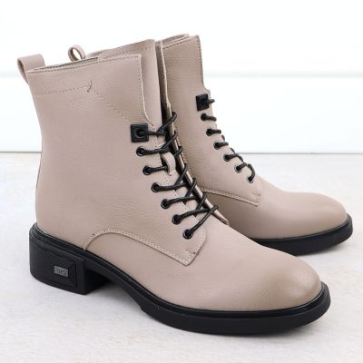 3. Skórzane botki na klocku damskie beżowe Vinceza 26-39955